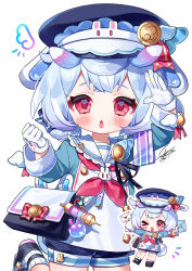 Rule 34 | 1girl, absurdres, animal ears, bag, black bag, black hat, black shoes, blue hair, blush, chestnut mouth, commentary request, foot out of frame, genshin impact, gloves, hands up, hat, heart, heart in eye, highres, holding, holding letter, leg up, letter, long hair, long sleeves, looking at viewer, meda cha, melusine (genshin impact), neckerchief, open mouth, red eyes, red neckerchief, shoes, shoulder bag, sigewinne (genshin impact), signature, simple background, symbol in eye, syringe, white background, white gloves