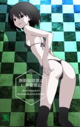 1girl arm_at_side armpit_crease artist_name ass bare_shoulders bikini black_bikini black_eyes black_hair black_socks black_thighhighs bob_cut breasts checkered_background closed_mouth commentary empty_eyes facing_away feet_out_of_frame from_below from_side green_background hand_on_own_ass highres kikumaru_bunta kneehighs leaning_forward looking_at_viewer looking_back micro_bikini monogatari_(series) oshino_ougi paid_reward_available pale_skin parted_lips shadow short_hair sideboob signature small_breasts socks solo standing string_bikini swimsuit thighhighs translated watermark