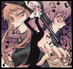 1girl 1other androgynous arrow_(symbol) aynm010330 black_hood black_nails blonde_hair bracelet braid crona_(soul_eater) cuff_links faceless gradient_background highres hood jewelry medusa_gorgon nail_polish other_focus outline pink_eyes pink_hair purple_background purple_outline ragnarok_(demon_sword) sleeve_cuffs slit_pupils smile soul_eater sweat yellow_eyes