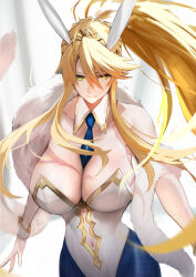 1girl absurdres animal_ears artoria_pendragon_(fate) artoria_pendragon_(swimsuit_ruler)_(fate) artoria_pendragon_(swimsuit_ruler)_(first_ascension)_(fate) bare_shoulders blue_pantyhose breasts cleavage clothing_cutout detached_collar fate/grand_order fate_(series) feather_boa fishnet_pantyhose fishnets green_eyes highleg highleg_leotard highres jikihatiman large_breasts leotard long_hair looking_at_viewer navel navel_cutout pantyhose playboy_bunny ponytail rabbit_ears sidelocks solo tiara white_leotard