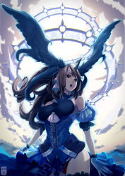 bare_shoulders black_panties blonde_hair blue_theme breasts brown_eyes covered_erect_nipples dress energy frills from_below gloves head_wings horns large_breasts long_hair magic_circle open_mouth original panties single_horn solo thighhighs ukero underwear wind wings