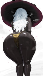 1girl absurdres aelion_draws aroused ass ass_focus bare_shoulders bikini black_skin breasts colored_skin dark-skinned_female dark_skin elden_ring elden_ring_nightreign from_behind gold_bikini hat heavy_breathing highres huge_ass large_breasts large_hat long_hair presenting presenting_ass purple_hat recluse_(elden_ring) simple_background solo steam steaming_body sweat swimsuit thighs very_dark_skin white_hair witch witch_hat