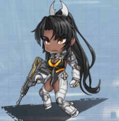 1girl animated animated_gif armored_leotard assault_rifle assault_shooter bouncing_breasts breasts bullpup chibi cleavage_cutout clothing_cutout dark-skinned_female dark_skin full_body gauntlets gun holding holding_weapon leotard lilith-soft lowres medium_breasts mirabell_bell rifle serious taimanin_(series) taimanin_rpgx thick_thighs thighs weapon