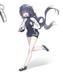 1girl absurdres alternate_costume bare_legs black_footwear black_hair blue_archive book closed_eyes crossed_bangs drooling grey_jacket hair_between_eyes hair_ribbon hairband highres holding hook jacket ka_keo long_hair long_sleeves low_twintails multicolored_jacket open_mouth purple_hairband ribbon running shadow shorts simple_background sweat tearing_up track_jacket twintails two-tone_jacket ui_(blue_archive) white_background white_jacket