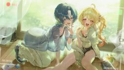 2girls ahoge bag black_hair black_shirt black_shorts blonde_hair blue_eyes blush bottle cellphone_charm charm_(object) collarbone curtains day dotori_(seulseul) floor fortissimo gradient_hair hair_ornament hair_scrunchie hand_on_floor happy highres hiodoshi_ao hololive hololive_dev_is indoors jacket legs light looking_at_viewer medium_hair multicolored_hair multiple_girls musical_note musical_note_hair_ornament open_mouth otonose_kanade pants phone pink_eyes pink_hair scrunchie see-through_clothes shadow shirt shoes short_hair shorts side_ponytail sidelocks sitting sunlight teeth timestamp tongue upper_teeth_only v viewfinder virtual_youtuber water water_bottle water_drop wet wet_clothes wet_hair wet_jacket wet_shirt white_jacket white_pants white_shirt wooden_floor