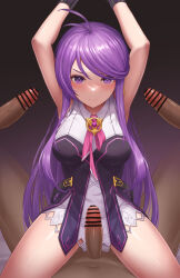1girl 3boys aether_sage_(elsword) ahoge aisha_landar armpits arms_up bar_censor blush breasts brooch censored closed_mouth clothed_female_nude_male cowgirl_position dark-skinned_male dark_skin dot_nose dress dudunia elsword gangbang girl_on_top glaring group_sex hetero highres imminent_penetration imminent_vaginal interracial jewelry long_hair looking_at_viewer medium_breasts multiple_boys navel nude orgy paid_reward_available penis pink_ribbon purple_background purple_eyes purple_hair rape restrained ribbon shiny_skin short_dress split_mouth spread_legs straddling straight-on surrounded_by_penises variant_set white_dress
