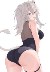 1girl alternate_costume animal_ears arabiki50 ass ass_focus bare_shoulders blush breasts from_behind grey_eyes grey_hair hololive huge_ass large_breasts leaning leaning_forward lion_ears lion_girl lion_tail long_hair looking_at_viewer looking_back one-piece_swimsuit open_mouth shishiro_botan sideboob smile solo swimsuit tail virtual_youtuber white_background