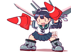 1girl artist_logo blue_sailor_collar blue_skirt boots dated dynamic_pose horns kantai_collection kutone_shirika logo machinery pleated_skirt sailor_collar school_uniform serafuku shirt short_sleeves simple_background single_horn skirt solo traffic_cone ushio_(kancolle) white_background white_shirt |_|