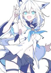 1girl animal_ears braid breasts detached_sleeves fox_ears fox_girl fox_shadow_puppet fox_tail hair_between_eyes highres hololive medium_breasts minkof_nn neckerchief open_mouth sailor_collar shirakami_fubuki shorts simple_background solo tail virtual_youtuber white_background white_hair
