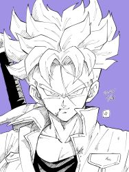 Rule 34 | 1boy, absurdres, battle damage, border, collarbone, dragon ball, dragonball z, greyscale with colored background, highres, jacket, male focus, monochrome, open clothes, open jacket, purple background, short hair, simple background, solo, spiked hair, super saiyan, super saiyan 1, sword, sword on back, trunks (dragon ball), trunks (future) (dragon ball), weapon, weapon on back, yui fightpaint