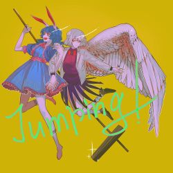 2girls :d :| angel_wings animal_ears beige_jacket blue_dress bow bowtie braid breasts brown_footwear closed_mouth commentary_request dress english_text expressionless feathered_wings fingernails french_braid frilled_dress frills full_body heshiko_disco highres holding kine kishin_sagume large_breasts loafers long_sleeves looking_at_viewer looking_to_the_side low_twintails mallet medium_hair multiple_girls open_mouth puffy_short_sleeves puffy_sleeves purple_dress rabbit_ears red_bow red_bowtie red_eyes seiran_(touhou) shoes short_hair short_sleeves silver_hair simple_background smile socks thighs touhou twintails white_legwear wings yellow_background