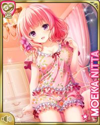 1girl bed bedroom chandelier character_name curtains dresser female_focus flower girlfriend_(kari) indoors looking_at_viewer nitta_moeka official_art open_mouth pajamas pink_hair pink_shirt pink_shorts purple_eyes qp:flapper shirt short_hair shorts sleepwear smile solo standing tagme window