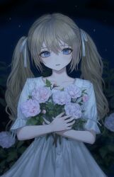 1girl blonde_hair blue_eyes bouquet bush collarbone commentary_request dress flower hair_between_eyes hair_ribbon highres holding holding_bouquet light_blush looking_at_viewer night original outdoors parted_lips pink_flower ribbon sakiika0513 short_sleeves sky solo standing star_(sky) twintails upper_body white_dress white_ribbon