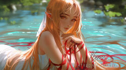 1girl asuna_(sao) bare_shoulders blonde_hair blurry blurry_background breasts depth_of_field dress ear_covers ear_ornament elf eyelashes floating_hair lips long_hair looking_at_viewer lying medium_breasts nail_polish nixeu no_wings nose on_stomach outdoors patreon_username pointy_ears realistic ribbon signature solo sword_art_online titania_(sao) very_long_hair water white_dress