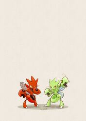 animal_focus artist_name claws colored_skin commentary gen_2_pokemon green_skin highres insect_wings nintendo no_humans pokemon pokemon_(creature) red_skin scizor simple_background sparkle standing symbol-only_commentary twitter_username v-shaped_eyebrows white_background wings yellow_eyes zozozoshion