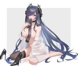 absurdres artist_name august_von_parseval_(azur_lane) august_von_parseval_(the_unhulde&#039;s_midday_respite)_(azur_lane) azur_lane black_choker black_shoes black_thighhighs blue_eyes blue_hair border breasts bright_pupils choker cleavage clothes_in_mouth collarbone collared_shirt commentary_request convenient_censoring cross cross_choker eyelashes feet full_body grey_background hair_censor hair_intakes hair_over_breasts hair_over_one_eye hand_on_own_chest hand_up high_heels highres holding holding_unworn_clothes horns large_breasts large_variant_set long_bangs long_hair long_sleeves looking_at_viewer mechanical_horns navel no_bra no_panties off_shoulder official_alternate_costume one_eye_covered outside_border parted_bangs parted_lips red_lips shirt shoes sitting straight_hair thighhighs toenails toes unworn_shoes unworn_thighhighs variant_set very_long_hair wariza white_border white_pupils white_shirt xnnagu