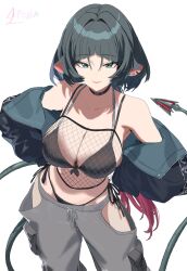 1girl animal_ears bikini black_bikini fishnets green_eyes highres jane_doe_(zenless_zone_zero) long_tail mouse_ears mouse_girl mouse_tail navel sharp_tail simple_background smile solo swimsuit tail white_background wzmm3284 zenless_zone_zero