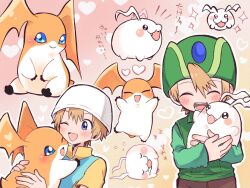 1boy blonde_hair blue_eyes blush closed_eyes digimon digimon_adventure digimon_adventure_02 green_hat green_shirt hat head_wings heart highres multiple_views one_eye_closed patamon shirt short_hair takaishi_takeru tokomon upper_body waka_88000 wings yellow_shirt