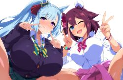 2girls :d absurdres animal_ears bead_bracelet beads black_jacket blue_eyes blue_hair blunt_bangs blush bracelet breasts brown_hair cardigan cardigan_around_waist cleavage closed_mouth clothes_around_waist collared_shirt double_v flower green_skirt gyaru hair_between_eyes hair_flower hair_ornament highres horse_ears horse_girl huge_breasts ice_nine jacket jewelry large_breasts looking_at_viewer mejiro_ardan_(umamusume) multiple_girls one_eye_closed open_mouth pink_cardigan pink_skirt pleated_skirt purple_eyes sakura_chiyono_o_(umamusume) school_uniform shirt simple_background skirt smile spread_legs squatting thighs umamusume v white_background white_shirt