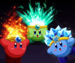 3others :o angry animated animated_gif arms_up black_background blue_eyes blue_skin blush_stickers cold colored_skin copy_ability crown electricity feet_together fire frown gem gold_headwear green_skin headband herudoron ice kirby kirby_(series) multiple_others multiple_persona nintendo no_humans open_mouth outstretched_arms red_skin simple_background snowflakes sparkle standing standing_on_one_leg star_(symbol) ugoira