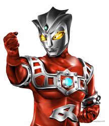 1boy alien armlet armor astra_(ultra_series) bracelet breastplate clenched_hands collarbone color_timer colored_skin commentary crest english_commentary fighting_stance forehead_jewel gem gloves glowing glowing_eyes green_gemstone hand_up hanejidyna86 highres jewelry looking_ahead male_focus multicolored_skin pectorals red_gloves red_skin silver_armlet silver_skin simple_background solo studded_armor tokusatsu toned toned_male twitter_username two-tone_skin ultra_series ultraman_leo_(series) upper_body white_background wrinkled_skin yellow_eyes
