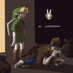 2boys barefoot beard belt blonde_hair boots covering_head facial_hair fairy full_body gus_uur indoors link long_hair lying multiple_boys mustache nintendo on_stomach shield shield_on_back standing swordsman_(zelda) tatl the_legend_of_zelda the_legend_of_zelda:_majora&#039;s_mask tunic