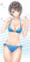 1girl bare_arms bare_shoulders black_eyes black_hair blue_bra blue_panties blue_reflection_(series) blue_reflection_maboroshi_ni_mau_shoujo_no_ken bra breasts circle cleavage commentary_request cowboy_shot head_tilt holding_strap kishida_mel looking_at_viewer medium_breasts navel panties parted_lips second-party_source shirai_hinako short_hair solo striped_background swimsuit underwear wet white_background
