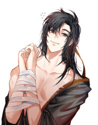 Rule 34 | 1boy, bdsm, bishounen, black eyes, black hair, black hanfu, bound, bound arms, bound wrists, branded, chinese clothes, closed mouth, collarbone, flying sweatdrops, hair between eyes, hair down, hair ribbon, half updo, hands up, hanfu, highres, implied yaoi, jujeop, korean commentary, long hair, looking at viewer, male focus, messy hair, modao zushi, off shoulder, official alternate hairstyle, open clothes, open robe, own hands together, pectorals, red ribbon, ribbon, ribbon bondage, robe, robe partially removed, simple background, single bare shoulder, smile, solo, sweatdrop, torn clothes, upper body, wei wuxian, wei wuxian (yiling laozu), white background, white ribbon