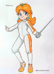 Rule 34 | brown hair, daisydylan06, fencing, fencing suit, highres, mario &amp; sonic (series), mario &amp; sonic at the tokyo 2020 olympic games, mario (series), nintendo, princess daisy, sega, smile, traditional media