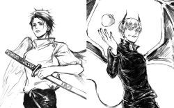 2boys angel_wings apple black_hair black_pants black_shirt demon_horns demon_tail demon_wings expressionless food fruit halo holding holding_sword holding_weapon horns inumaki_toge jujutsu_kaisen katana long_sleeves looking_at_viewer looking_away multiple_boys okkotsu_yuuta pants shirt short_hair sword tail turtleneck weapon white_hair white_shirt wings