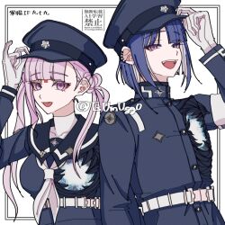 :d blue_hair colored_inner_hair commentary_request facial_mark gakuran gloves hand_on_headwear hat highres hole_in_chest hole_on_body last_defense_academy_school_uniform looking_at_viewer multicolored_hair open_mouth peaked_cap pink_eyes pink_hair school_uniform serafuku smile the_hundred_line_-last_defense_academy- tsukumo_ima tsukumo_kako tsumugg0 twintails twitter_username two-tone_hair upper_body watermark white_background white_gloves white_hair