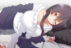 Rule 34 | 1girl, :t, bed, black hair, blush, commission, jewelry, long hair, looking at viewer, lying, miracle tou, on side, one eye closed, orange eyes, pajamas, pillow, pixiv commission, pout, rance (series), ring, shawl, smile, solo, tori (minamopa), wedding ring