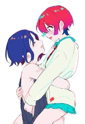 1boy 1girl absurdres amate_yuzuriha aqua_eyes blue_hair blush closed_eyes collared_shirt colored_inner_hair gundam gundam_gquuuuuux hetero highres hug lifting_person magura_taku multicolored_hair necktie open_mouth profile purple_hair red_hair school_uniform shirt short_hair shuji_ito simple_background skirt sleeveless smile sweater tank_top two-tone_hair white_background