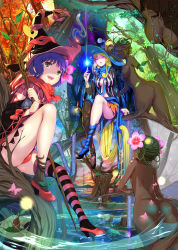 3girls absurdres ass blonde_hair blue_eyes blue_hair breasts cloud dryad green_eyes half-closed_eyes hat high_heels highres large_breasts magic mikazuki_akira! multiple_girls nature original shaded_face single_thighhigh sky staff striped_clothes striped_legwear striped_thighhighs thighhighs tree water witch witch_hat