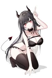 1girl absurdres all_fours arm_up bare_shoulders black_bra black_hair boong0619 bra breasts bright_pupils brown_thighhighs choker cleavage closed_mouth commentary_request commission demon_horns demon_tail frilled_choker frills highres horns index_finger_raised korean_commentary large_breasts lingerie long_hair looking_at_viewer mole mole_on_thigh mole_under_eye multicolored_hair navel no_shoes original red_eyes rie_(mirae_yang) simple_background smile solo stomach strapless strapless_bra tail thighhighs two-tone_hair underwear underwear_only v-shaped_eyebrows very_long_hair white_background white_hair
