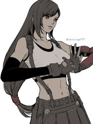 Rule 34 | 1girl, bare shoulders, black gloves, black hair, black skirt, black sports bra, breasts, collarbone, crop top, elbow gloves, final fantasy, final fantasy vii, final fantasy vii remake, fingerless gloves, gloves, ha lu77, hashtag-only commentary, highres, long hair, low-tied long hair, medium breasts, midriff, navel, parted lips, red eyes, simple background, single arm guard, skirt, solo, sports bra, suspenders, swept bangs, tank top, tifa lockhart, twitter username, upper body, white background, white tank top