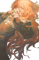 1girl absurdres blood blood_in_hair blood_on_clothes blood_on_face blood_on_hands blood_on_object closed_eyes dress flower hair_spread_out highres holding holding_flower kagari_mimi kimi_ga_shinu_made_koi_wo_shitai lanmi_lemmy long_hair long_sleeves lying on_back open_mouth orange_hair own_hands_together parted_lips simple_background solo upper_body very_long_hair white_background white_flower