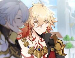 Rule 34 | 2boys, arm tattoo, armor, bare pectorals, black coat, black shirt, blonde hair, blue eyes, braid, chest tattoo, coat, commentary request, earrings, facial tattoo, gold earrings, gold necklace, hair between eyes, highres, honkai: star rail, honkai (series), jewelry, looking at another, male focus, medium hair, multiple boys, mydei (honkai: star rail), necklace, open clothes, open coat, parted bangs, pauldrons, pectorals, phainon (honkai: star rail), red tattoo, shirt, short hair, shoulder armor, side braid, simohuri y, single pauldron, tattoo, white hair, yellow eyes