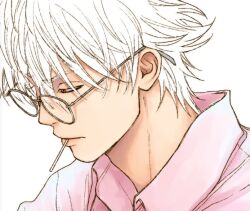 1boy bespectacled closed_mouth collared_shirt gintama glasses grey-framed_eyewear looking_down male_focus pink_shirt profile red_eyes sakata_gintoki shirt short_hair simple_background solo tmrmq white_background white_hair wing_collar