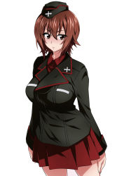 Rule 34 | 10s, 1girl, black jacket, blush, breasts, brown eyes, brown hair, closed mouth, cowboy shot, emblem, female focus, garrison cap, girls und panzer, hair between eyes, hat, headset, highres, jacket, kuromorimine military uniform, large breasts, long sleeves, looking at viewer, military, military uniform, nakahira guy, nishizumi maho, pleated skirt, red shirt, red skirt, shirt, short hair, simple background, skirt, solo, standing, white background