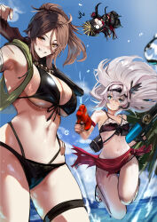 3girls absurdres ahoge bare_shoulders beach bead_necklace beads bikini black_bikini blue_eyes blue_sky blush breasts brown_eyes brown_hair chibi cleavage commentary_request diving_mask diving_mask_on_head fate/grand_order fate_(series) goggles goggles_on_head grin gun hair_between_eyes highres jewelry jikihatiman large_breasts long_hair looking_at_viewer mini_nobu_(fate) multiple_girls navel necklace ocean oda_nobunaga_(fate) parted_bangs ponytail revision rifle saika_magoichi_(fate) scar scar_on_face scar_on_nose sidelocks sky small_breasts smile snorkel sugitani_zenjubou_(fate) swimsuit thigh_strap thighs water_gun weapon white_hair