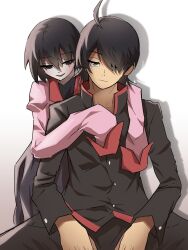 1boy 1girl :| ahoge araragi_koyomi arms_around_neck black_eyes black_hair black_jacket black_pants black_skirt black_undershirt bob_cut closed_mouth collarbone collared_shirt dress_shirt drop_shadow empty_eyes gakuran gunimated hair_between_eyes hair_over_one_eye hands_on_lap highres hug hug_from_behind jacket leaning_forward long_sleeves looking_at_another looking_at_viewer looking_to_the_side mandarin_collar monogatari_(series) narrowed_eyes oshino_ougi pale_skin pants parted_lips pink_shirt pleated_skirt red_trim school_uniform shirt short_hair simple_background sitting skirt smile spread_legs standing turtleneck white_background