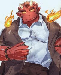 Rule 34 | 1boy, alternate costume, bara, blank eyes, colored sclera, colored skin, cowboy shot, fire, forked eyebrows, highres, large pectorals, long sideburns, looking at viewer, male focus, monster boy, muscular, muscular male, oni, pectorals, pyrokinesis, red oni (housamo), red skin, short hair, sideburns, single tusk, sketch, solo, standing, suna sand1, tokyo houkago summoners, yellow sclera