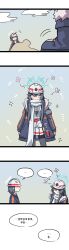 2girls 4koma absurdres black_hair blue_archive blush comic halo helmet highres jacket long_hair long_sleeves minori_(blue_archive) multiple_girls scarf speech_bubble translation_request wnsgur6686