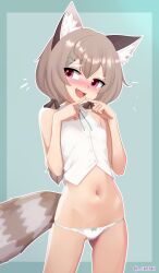 1girl absurdres animal_ear_fluff animal_ears artist_name bow bow_panties breasts brown_hair chenki_(chenki) embarrassed fang finger_touching hair_ornament hairclip highres komachi_panko navel no_pants open_mouth panties phase_connect pink_eyes red_panda_ears red_panda_girl red_panda_tail shirt small_breasts solo tail thick_eyebrows twitter_username underwear virtual_youtuber white_panties white_shirt