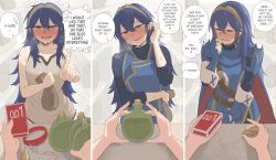 2girls absurdres anna_(fire_emblem) armor armpit_crease bare_shoulders blonde_hair blue_dress blue_eyes blue_gloves blue_hair blush borrowed_clothes bottomless breasts collar collarbone condom_box cowboy_shot dress ebinku english_text fingerless_gloves fire_emblem fire_emblem_awakening full-face_blush gloves grey_background grey_dress hair_between_eyes half-closed_eyes hand_up heavy_breathing highres long_hair long_sleeves looking_at_viewer lucina_(fire_emblem) money_bag multiple_girls nintendo open_mouth pointing pov shadow short_dress shoulder_armor sidelocks small_breasts speech_bubble sweat tiara torogao undershirt very_long_hair