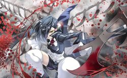 1girl arm_blade artist_request belt black_belt black_boots black_hair black_jacket black_shorts blood blood_spray bloody_weapon boots closed_mouth collared_jacket cropped_jacket expressionless eyelashes eyepatch feet_out_of_frame fighting_stance floating_clothes frilled_jacket frilled_sleeves frills game_cg grey_background hair_over_one_eye high_collar highres jacket knees_apart_feet_together kure_kirika long_sleeves looking_at_viewer mahou_shoujo_madoka_magica mahou_shoujo_madoka_magica_magia_exedra mahou_shoujo_oriko_magica necktie official_art red_necktie shirt short_hair short_shorts shorts sleeve_belt solo squatting thighhighs tsurime weapon white_shirt white_thighhighs wide_sleeves yellow_eyes