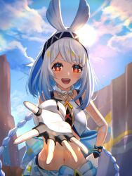 1girl absurdres backlighting bare_shoulders black_hairband blue_hair blue_sky body_markings braid breasts cliff cloud commentary_request day fingerless_gloves fish-shaped_pupils genshin_impact gloves hairband hand_on_own_hip hawaiian_clothes highres light_particles long_hair low_twin_braids medium_breasts midriff mualani_(genshin_impact) navel offering_hand open_mouth outdoors reaching reaching_towards_viewer red_eyes sky solo sun sunlight tan teeth twin_braids two-tone_gloves upper_body upper_teeth_only very_long_hair warp226