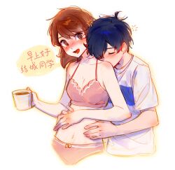 1boy 1girl bare_arms bare_shoulders blue_hair blush bra breasts brown_eyes brown_hair cleavage closed_eyes coffee_mug collarbone couple cup hands_on_another&#039;s_waist hashtag-only_commentary head_on_another&#039;s_shoulder highres holding holding_cup leaning_on_person medium_hair morning mug navel open_mouth panties persona persona_3 pink_bra pink_panties rrrrrrrrrrrou1 shirt short_hair short_sleeves small_breasts stomach takeba_yukari underwear upper_body white_background white_shirt yuuki_makoto_(persona_3)