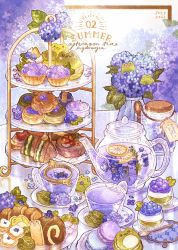 blueberry cake cookie cream cup cupcake english_text flower food food_art food_focus frog fruit glass_teacup glass_teapot highres hydrangea jam jar leaf lemon lemon_slice macaron meringue mousse_(food) nao_(bestrollever) no_humans original plate pudding purple_flower sandwich saucer scone spoon strainer swiss_roll table tart_(food) tea tea_strainer teacup teapot tiered_tray vase